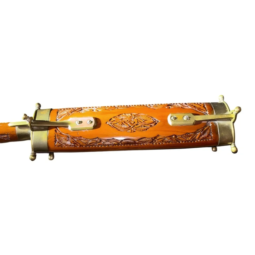 Vtg Hand Carved Wood Brass India Carving Knife Fork Set Sheath Stand Collectible